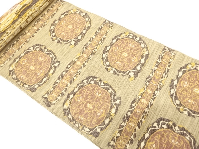 JAPANESE KIMONO / ANTIQUE BOLT FOR NAGOYA OBI / SILK / TSUMUGI / WOVEN FLORAL CREST